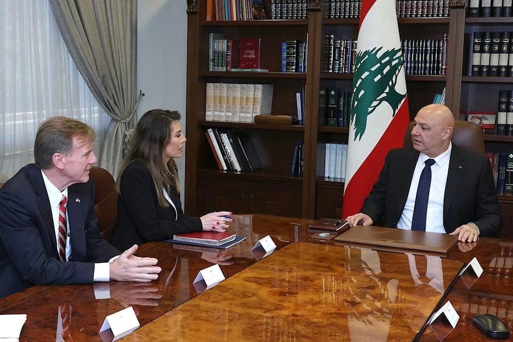 Deputy US Special Envoy to the Middle East Morgan Ortagus speaks to the Lebanese President Joseph Aoun at the Presidential Palace in Baabda, Lebanon, October 28, 2024 (X/ @Presidency)