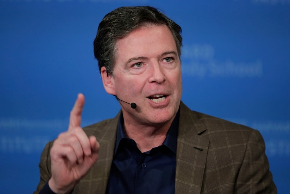 Former Director of the Federal Bureau of Investigation James Comey speaks at Harvard University's Institute of Politics' JFK Jr. Forum in Cambridge, Mass., February 24, 2020 (AP Photo/Charles Krupa)