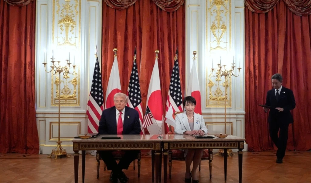 US President Donald Trump, left, and Japan's Prime Minister Sanae Takaichi attend a signing ceremony at Akasaka Palace in Tokyo, Japan, Tuesday, October 28, 2025. (AP Photo/Mark Schiefelbein) US President Donald Trump, left, and Japan's Prime Minister Sanae Takaichi attend a signing ceremony at Akasaka Palace in Tokyo, Japan, Tuesday, October 28, 2025. (AP Photo/Mark Schiefelbein)