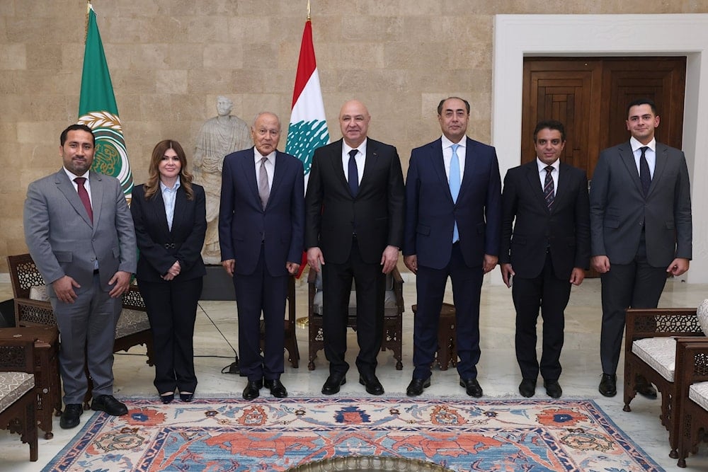 Lebanese President Joseph Aoun, stands next to the Arab League delegation lead by its Secretary-General Ahmad Aboul Gheith, in the Presidential Palace, Baabda, Lebanon, October 28, 2025 (X/ @LBPresidency)
