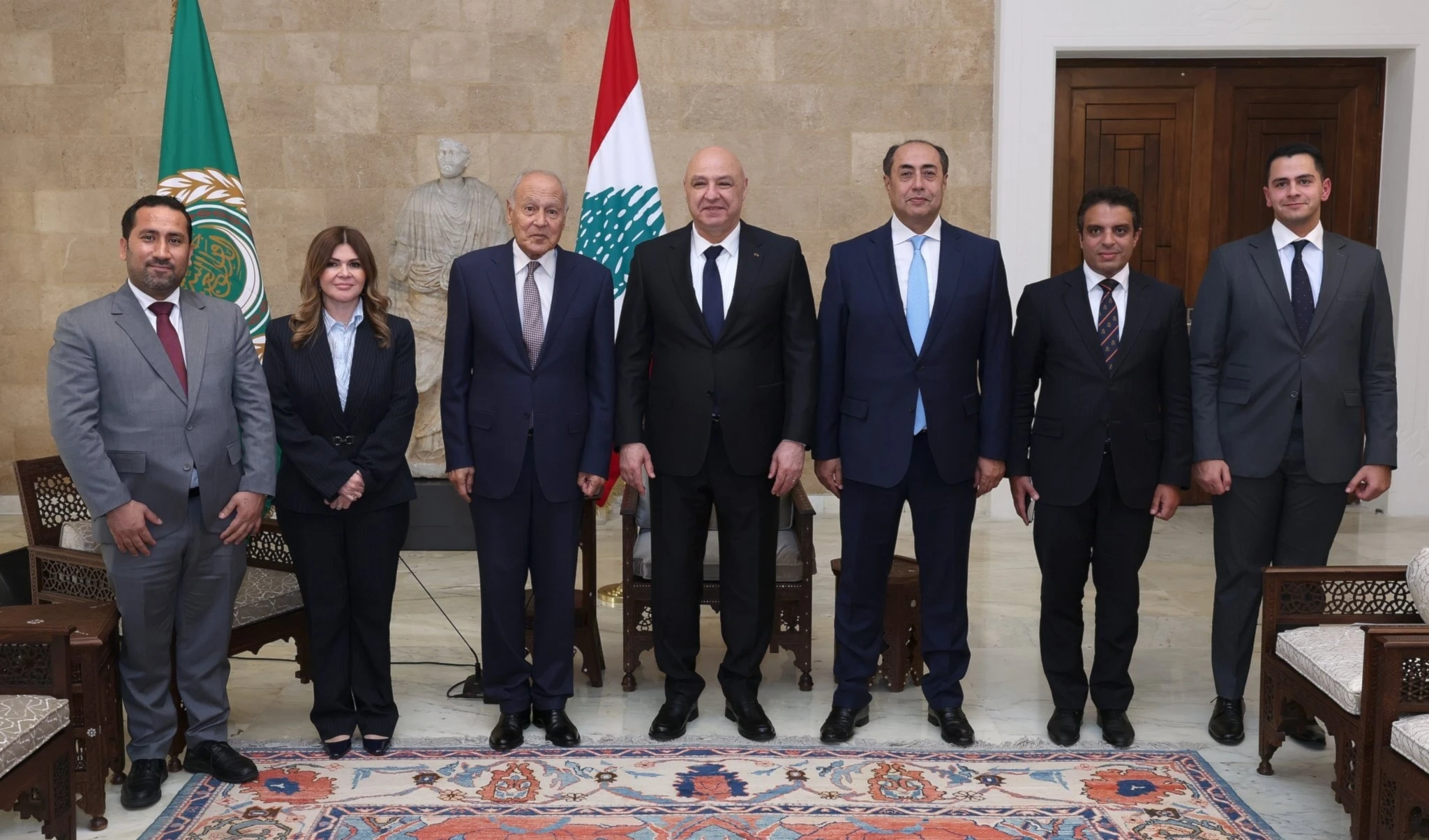 Lebanese President Joseph Aoun, stands next to the Arab League delegation lead by its Secretary-General Ahmad Aboul Gheith, in the Presidential Palace, Baabda, Lebanon, October 28, 2025 (X/ @LBPresidency) Lebanese President Joseph Aoun, stands next to the Arab League delegation lead by its Secretary-General Ahmad Aboul Gheith, in the Presidential Palace, Baabda, Lebanon, October 28, 2025 (X/ @LBPresidency)