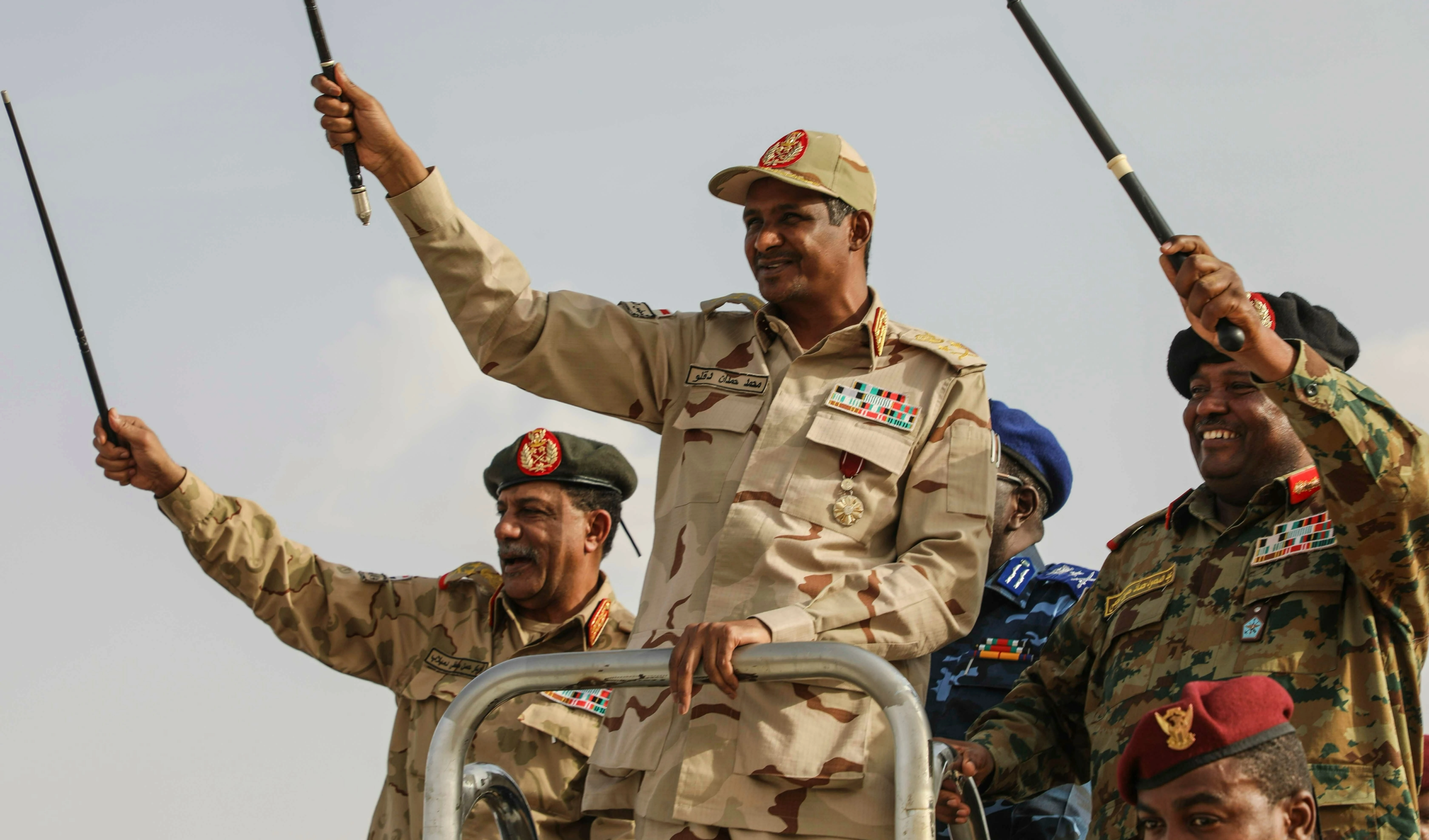 Gen. Mohammed Hamdan Dagalo, centre, the deputy head of the military council, greets the crowd during a military-backed tribe's rally, in the Nile River State, Sudan, Saturday, July 13, 2019 (AP) Gen. Mohammed Hamdan Dagalo, centre, the deputy head of the military council, greets the crowd during a military-backed tribe's rally, in the Nile River State, Sudan, Saturday, July 13, 2019 (AP)