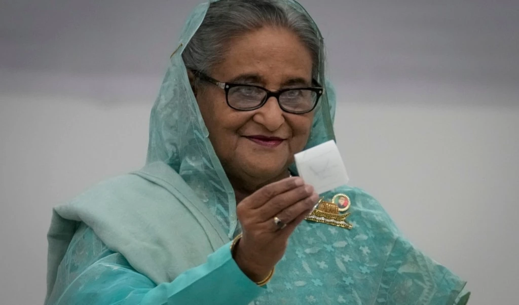 Bangladesh Prime Minister Sheikh Hasina shows her ballot paper as she casts her vote in Dhaka, Bangladesh, Sunday, January 7, 2024. (AP Photo/Altaf Qadri, File) Bangladesh Prime Minister Sheikh Hasina shows her ballot paper as she casts her vote in Dhaka, Bangladesh, Sunday, January 7, 2024. (AP Photo/Altaf Qadri, File)