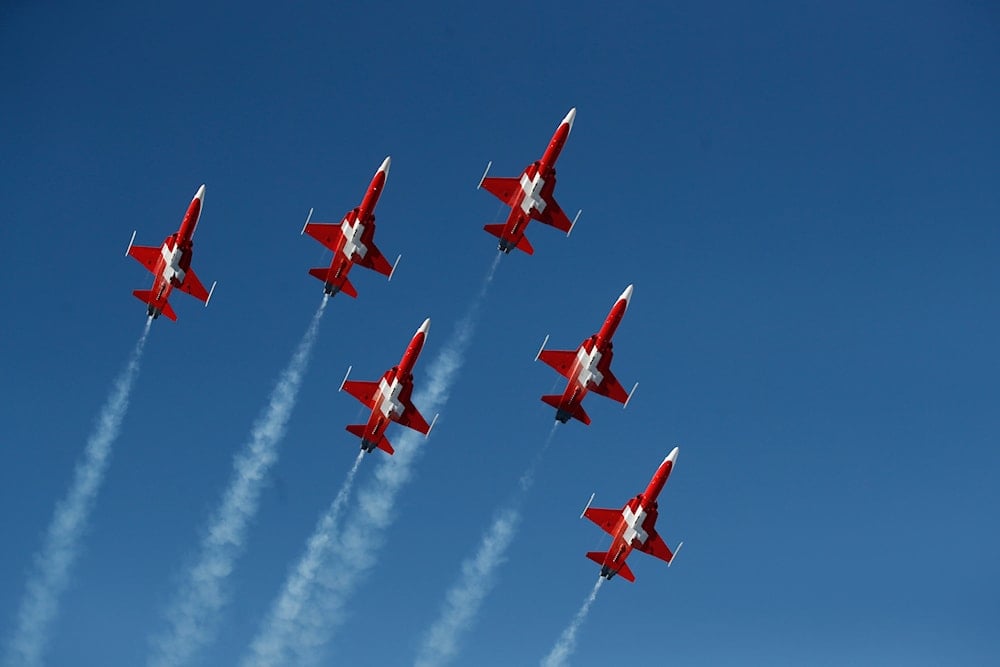 The Swiss Air Force acrobatic squad performs prior to an alpine ski, World Cup men's downhill in Wengen, Switzerland, Saturday, Jan. 18, 2020 (AP)