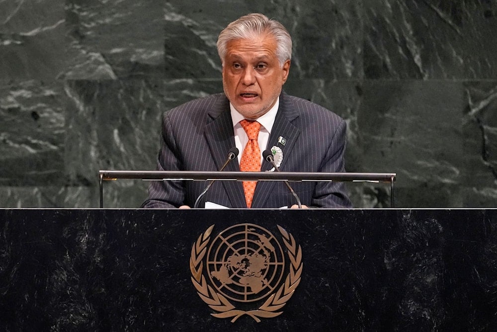 Pakistan Deputy Prime Minister and Foreign Minister Mohammad Ishaq Dar addresses the United Nations General Assembly, Monday, July 28, 2025 (AP)