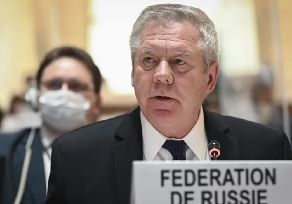 Russian ambassador Gennady Gatilov speaks at the opening of the 49th session of the UN Human Rights Council in Geneva, Switzerland on February 28, 2022. (AP)