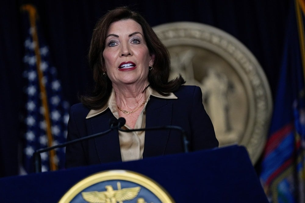 New York Gov. Kathy Hochul speaks at a news conference on New York City Mayor Eric Adams, not pictured, Thursday, February 20, 2025, in New York. (AP Photo/Julia Demaree Nikhinson)
