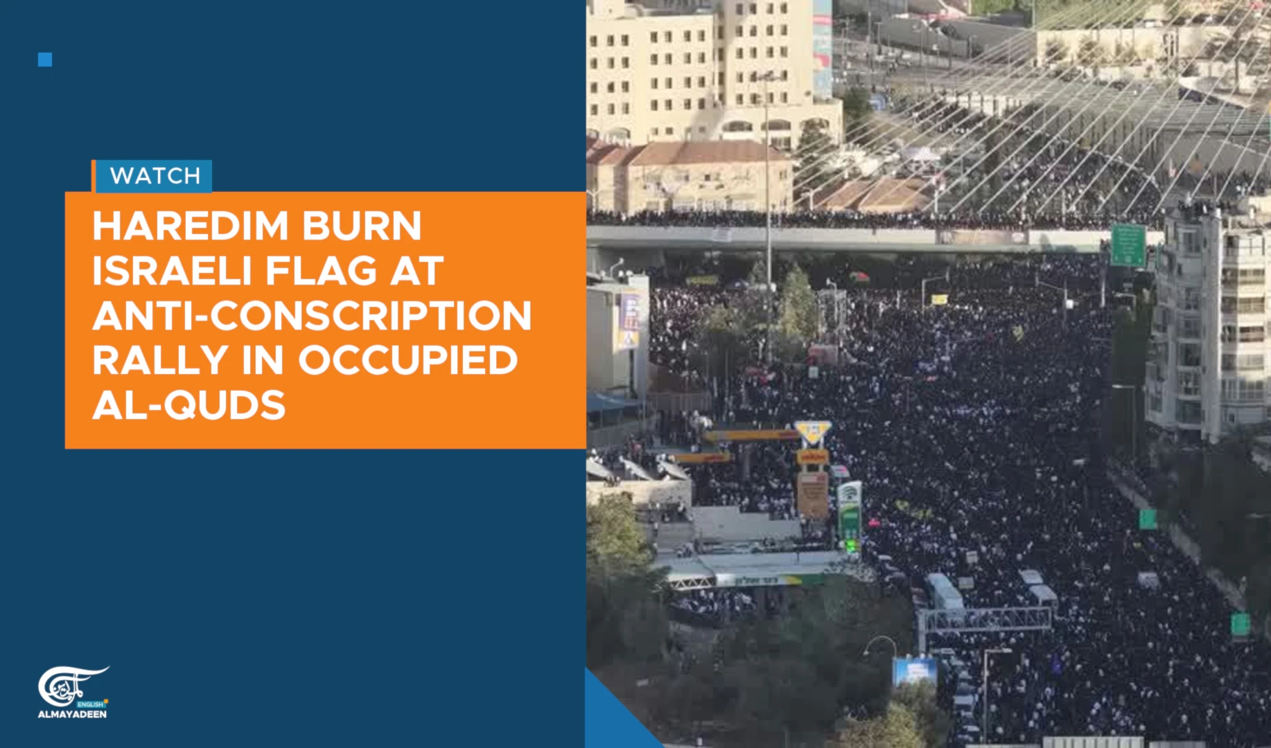 Haredim burn Israeli flag at anti-conscription rally in occupied Al-Quds Haredim burn Israeli flag at anti-conscription rally in occupied Al-Quds