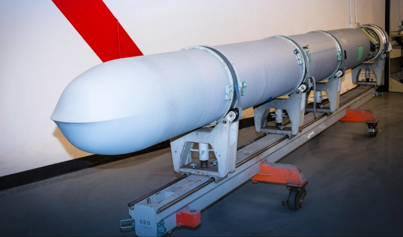 A Block V Tomahawk off the recertification production line at Raytheon's Camden, Ark. facility in March 2021. (Photo courtesy of Raytheon) A Block V Tomahawk off the recertification production line at Raytheon's Camden, Ark. facility in March 2021. (Photo courtesy of Raytheon)