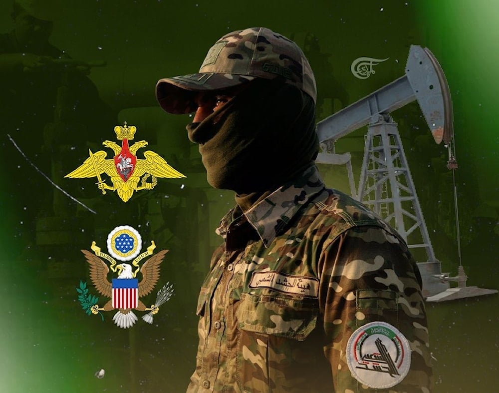 A PMF fighter stands amid Iraq’s oil fields; a symbol of the tug-of-war between US sanctions, Russian energy interests, and Iraq’s shifting balance of power. (Al Mayadeen English; Illustrated by Zeinab al-Hajj)