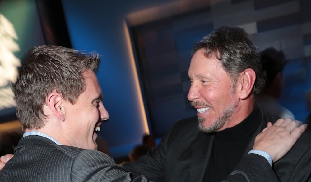 David Ellison and his father, Larry Ellison, at the “Rebels With a Cause” gala in Hollywood, in 2014 (AP)