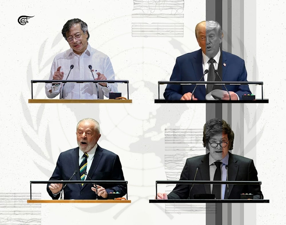 The speeches by Luiz Inácio Lula da Silva and Gustavo Petro were sober, grounded in empirical data (the polar opposite of Trump's delusions) and highly eloquent. (Al Mayadeen English; Illustrated by Batoul Chamas)