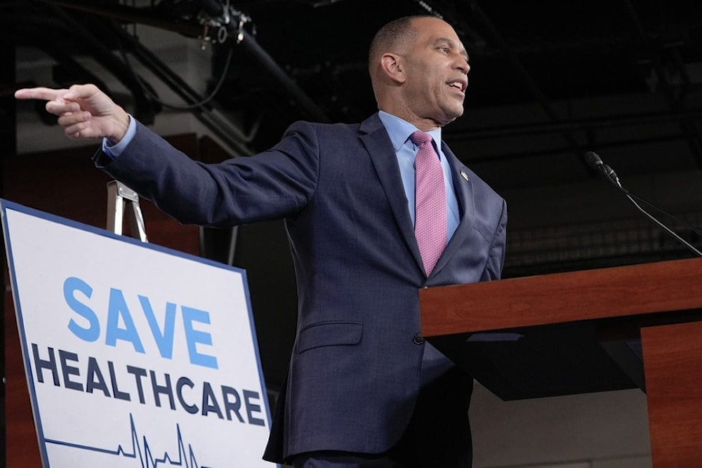 House Minority Leader Hakeem Jeffries, D-N.Y., speaks during a news conference during day 3 of the government shutdown on Capitol Hill, Friday, Oct. 3, 2025, in Washington. (AP Photo/Mariam Zuhaib)