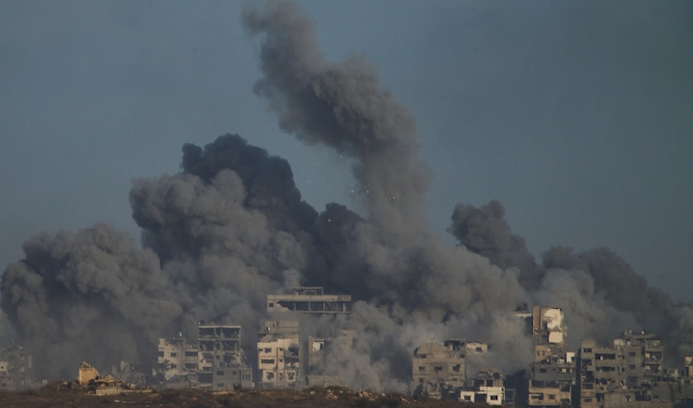 Smoke billows over the Gaza Strip following an Israeli bombardment, as seen from southern Palestine, Sunday, Oct. 5, 2025. (AP)