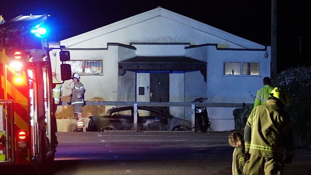 Scene of Sussex firefighters at the scene of the arson attack at the community mosque in Peacehaven, UK (X/@BPINewsOrg)