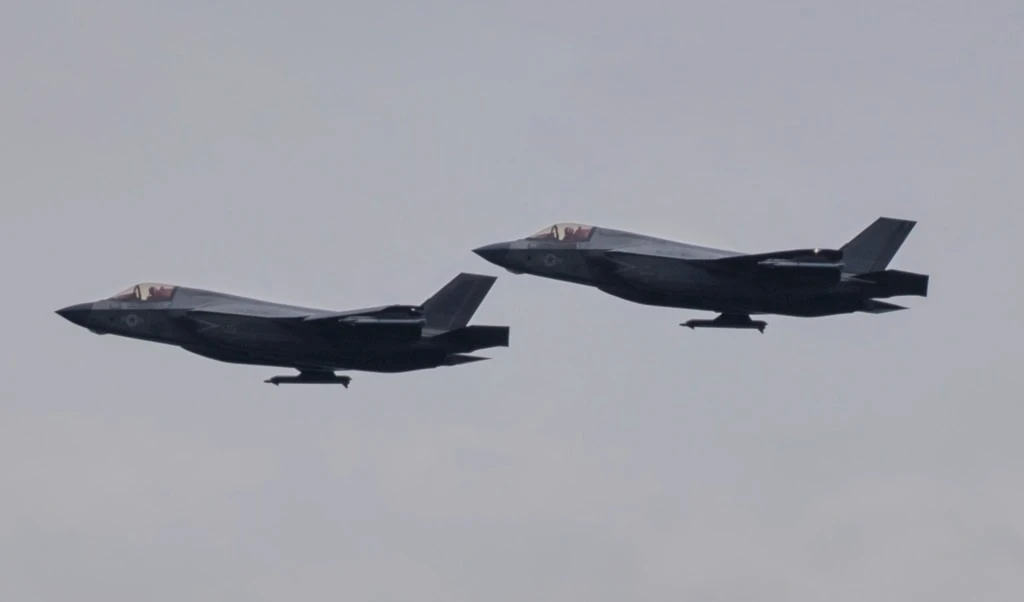 U.S. F-35 fighter jets fly over José Aponte de la Torre Airport in Ceiba, Puerto Rico, Friday, September 19, 2025. (AP Photo/Alejandro Granadillo)