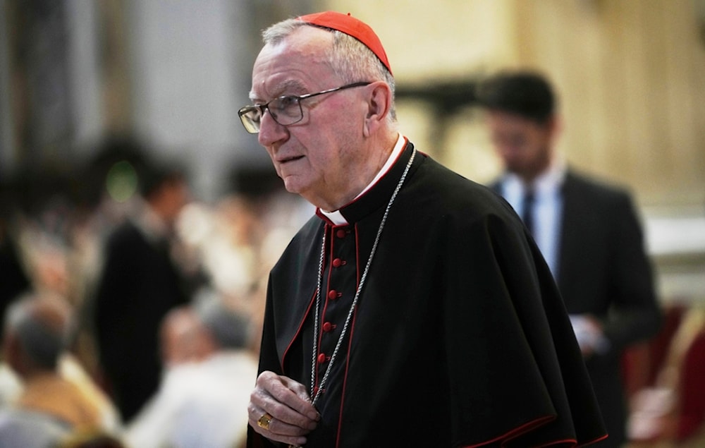 Cardinal Pietro Parolin arrives in St. Peter's Basilica to attend a mass on the eight of nine days of mourning for late Pope Francis, at the Vatican, Saturday, May 3, 2025. (AP Photo/Alessandra Tarantino)