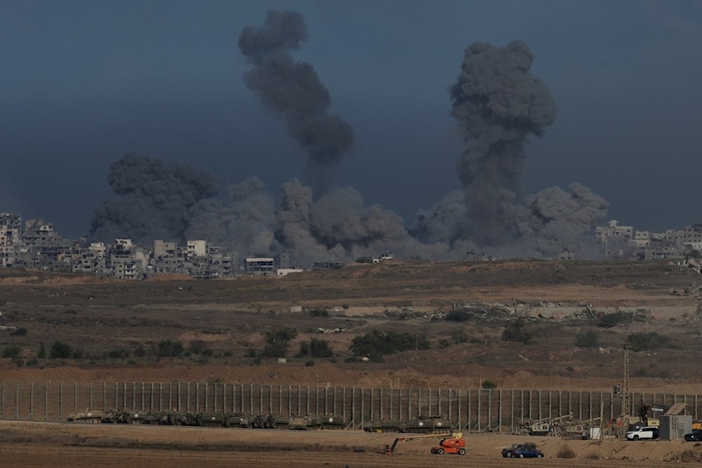 Smoke rises following an Israeli army bombardment in the Gaza Strip, as seen from the separation line, Tuesday, Oct. 7, 2025. (AP Photo/Ohad Zwigenberg)