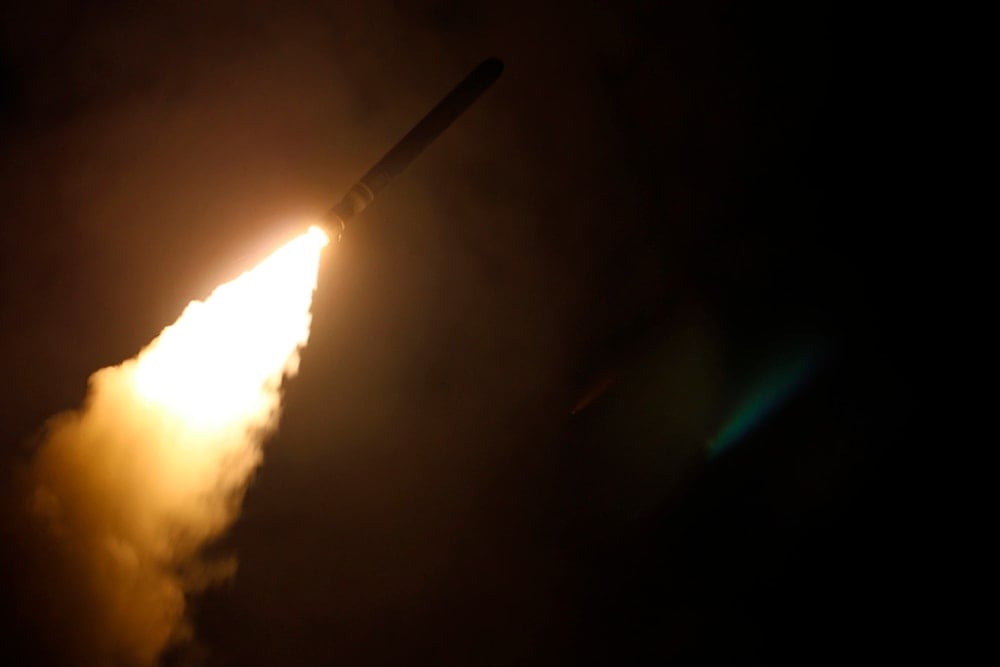 n this image provided by the U.S. Navy, the guided-missile destroyer USS Laboon (DDG 58) fires a Tomahawk land attack missile on April 14, 2018. (AP)