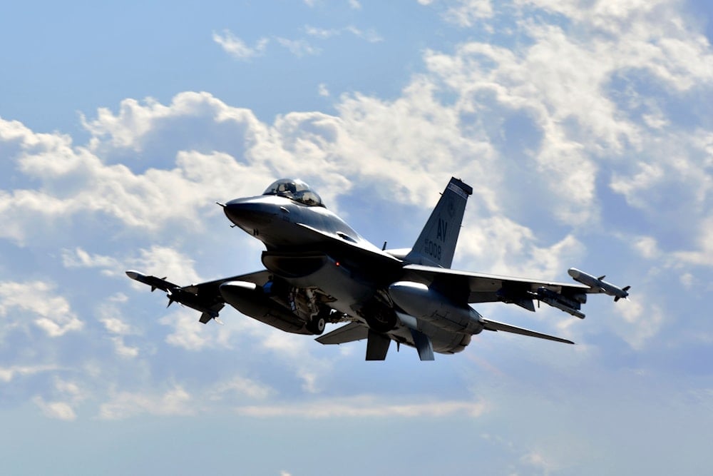 A F-16 Fighting Falcon from the 510th Fighter Squadron takes off during Red Flag 24-1 at Nellis Air Force Base, Nevada, on Jan 25, 2024 (AP)