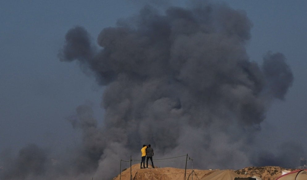 Smoke rises following an Israeli strike in Gaza City as seen from the central Gaza Strip, Wednesday, Oct. 8, 2025. (AP)