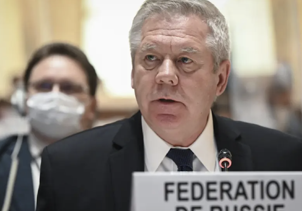 Russian ambassador Gennady Gatilov speaks at the opening of the 49th session of the UN Human Rights Council in Geneva, Switzerland on February 28, 2022. (AP)
