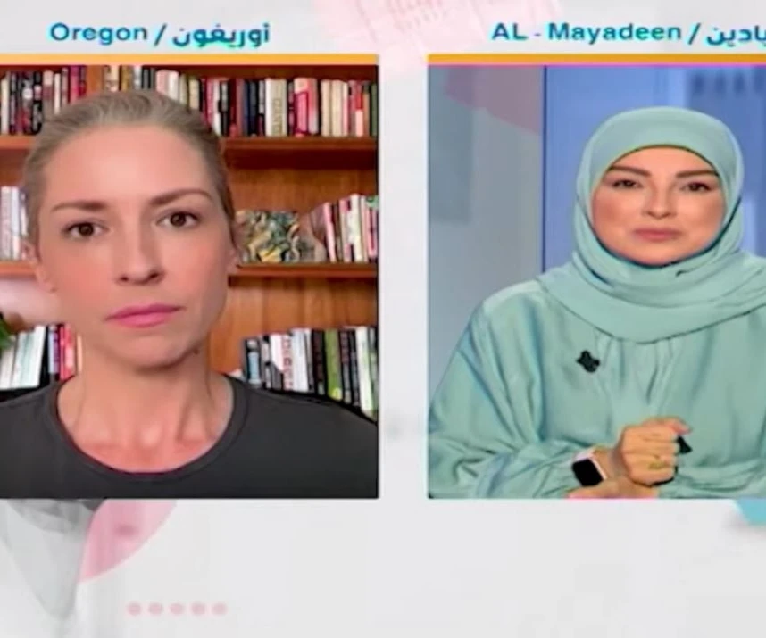 The Proxiamte Axis episode with Abby Martin on Al Mayadeen on November 9, 2025. (ScreenGrab/Al Mayadeen Tv)