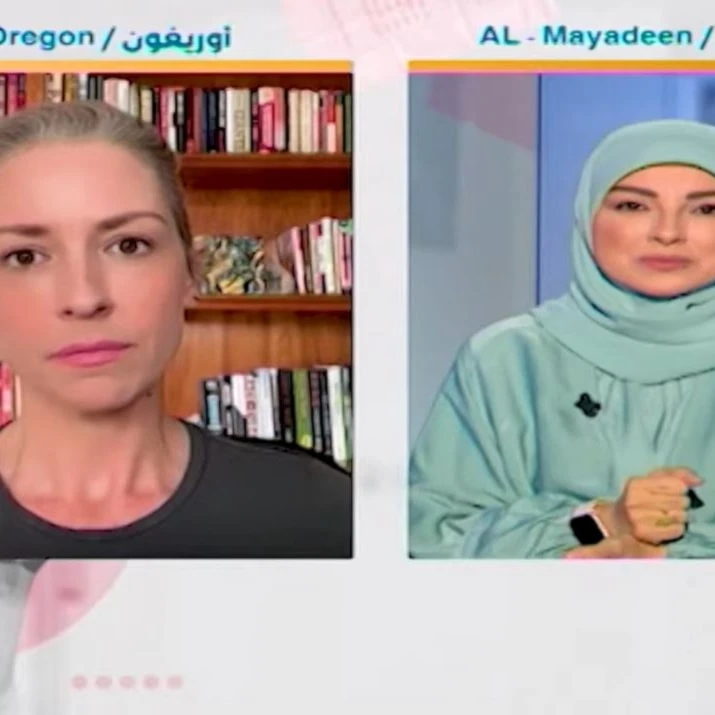 The Proxiamte Axis episode with Abby Martin on Al Mayadeen on November 9, 2025. (ScreenGrab/Al Mayadeen Tv)