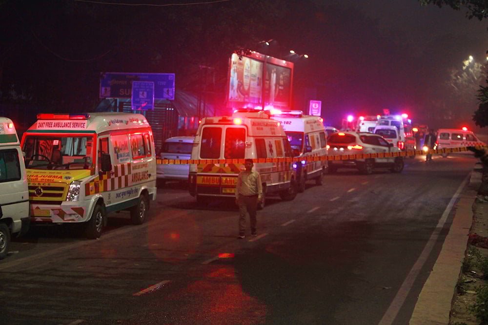 Ambulances are lined up at the scene after a car explosion near the historic Red Fort in New Delhi, India, Monday, Nov. 10, 2025 (AP)