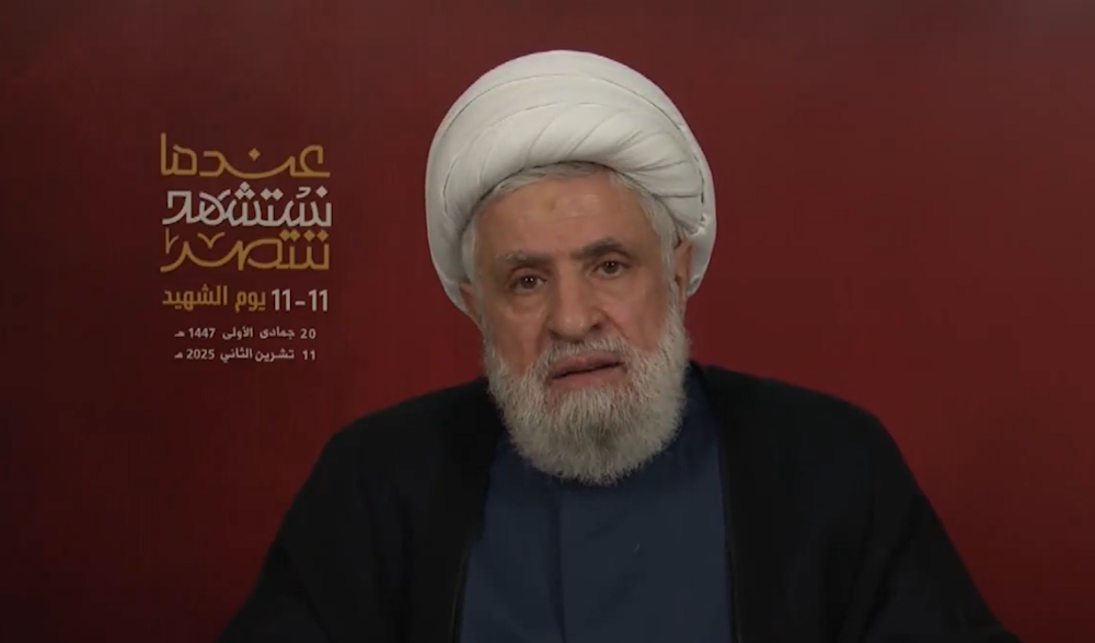 Hezbollah's Secretary-General Sheikh Naim Qassem during his address on Martyr's Day, Nov. 11, 2025 (Screengrab)