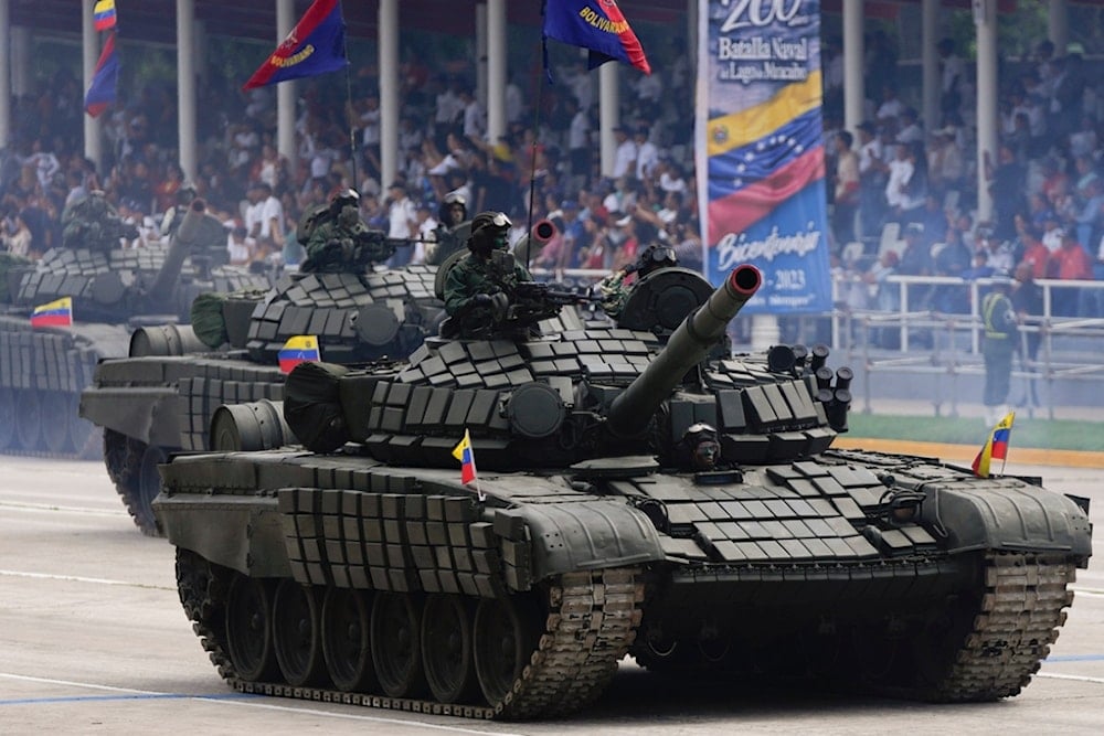 A tank drives during a military parade marking Independence Day in Caracas, Venezuela, Wednesday, July 5, 2023. Venezuela is marking 212 years of independence from Spain (AP Photo/Matias Delacroix)