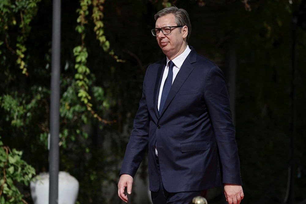 Serbian President Aleksandar Vucic arrives at the Brdo-Brijuni, Process Leaders' Meeting in Golem, Albania, 50 kilometers (30 miles) west of the capital, Tirana , Albania on Monday, October 6, 2025 .(AP Photo/Vlasov Sulaj)
