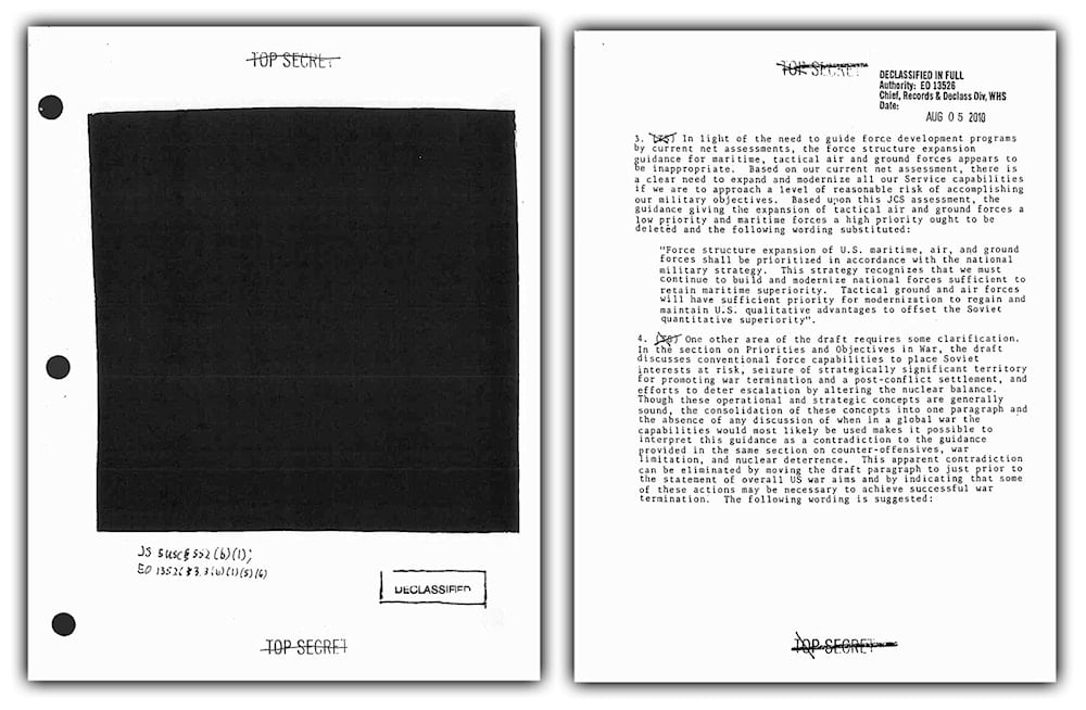[For illustration purposes] Declassified US government document with heavy redactions. (National Security Archives)