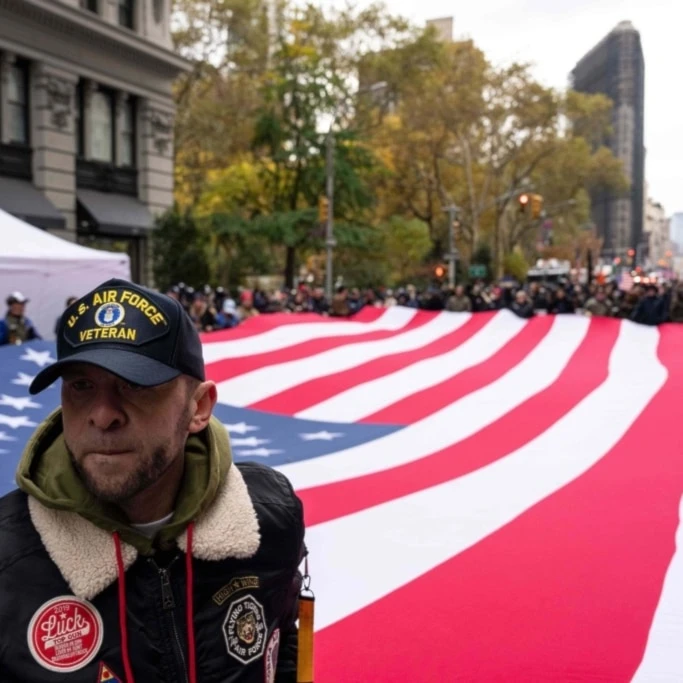 A U.S. Air Force veteran holds an American flag during the Veterans Day parade, Tuesday, Nov. 11, 2025, in New York. (AP Photo/Yuki Iwamura)