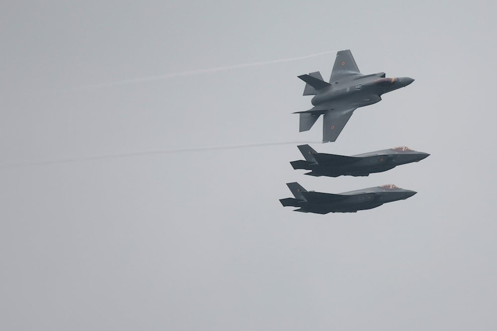 Three F-35A Lightning II's fly in formation on the occassion of the first F-35 fighter jets arriving at the Florennes Airbase in Florennes, Belgium, Monday, Oct. 13, 2025 (AP)