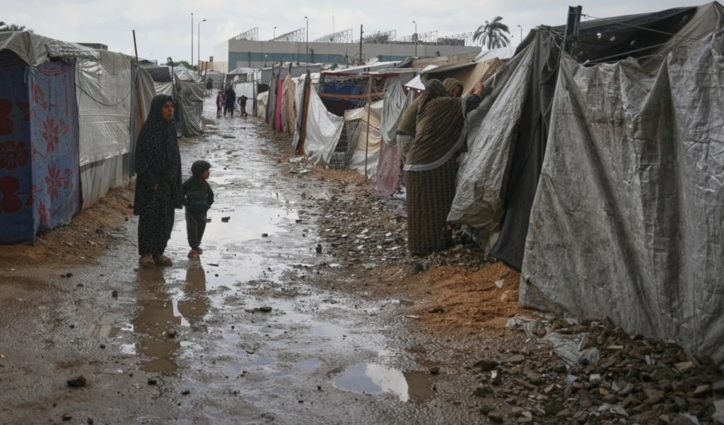 Hussein and Khawla Abu Arabiya adjust their tent to protect the interior from a rainstorm at a temporary camp in Deir al-Balah, in the central Gaza Strip, on Friday, Nov. 14, 2025. (AP)