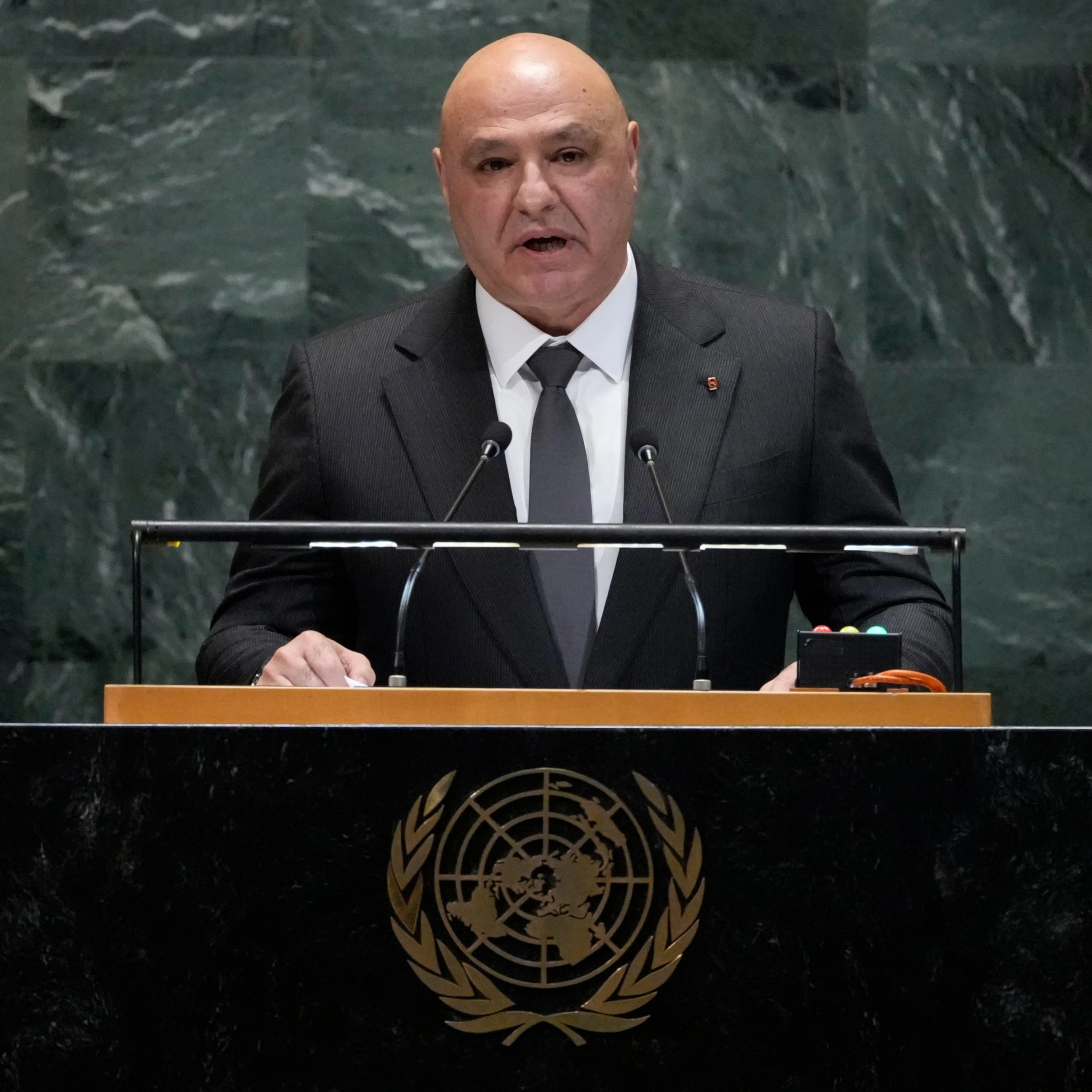 Lebanon President Joseph Aoun addresses the 80th session of the United Nations General Assembly, Tuesday, Sept. 23, 2025, at UN headquarters (AP)