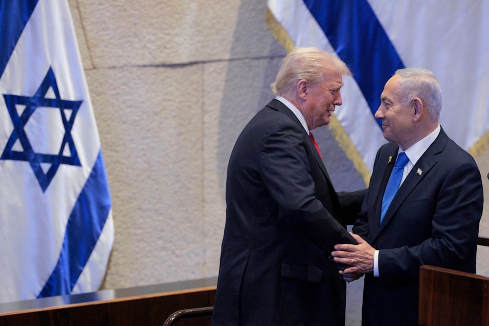 President Donald Trump Israeli and Prime Minister Benjamin Netanyahu speak after Netanyahu addressed the Knesset, Israel's parliament, Monday, Oct. 13, 2025, in Jerusalem. (Chip Somodevilla/Pool via AP)