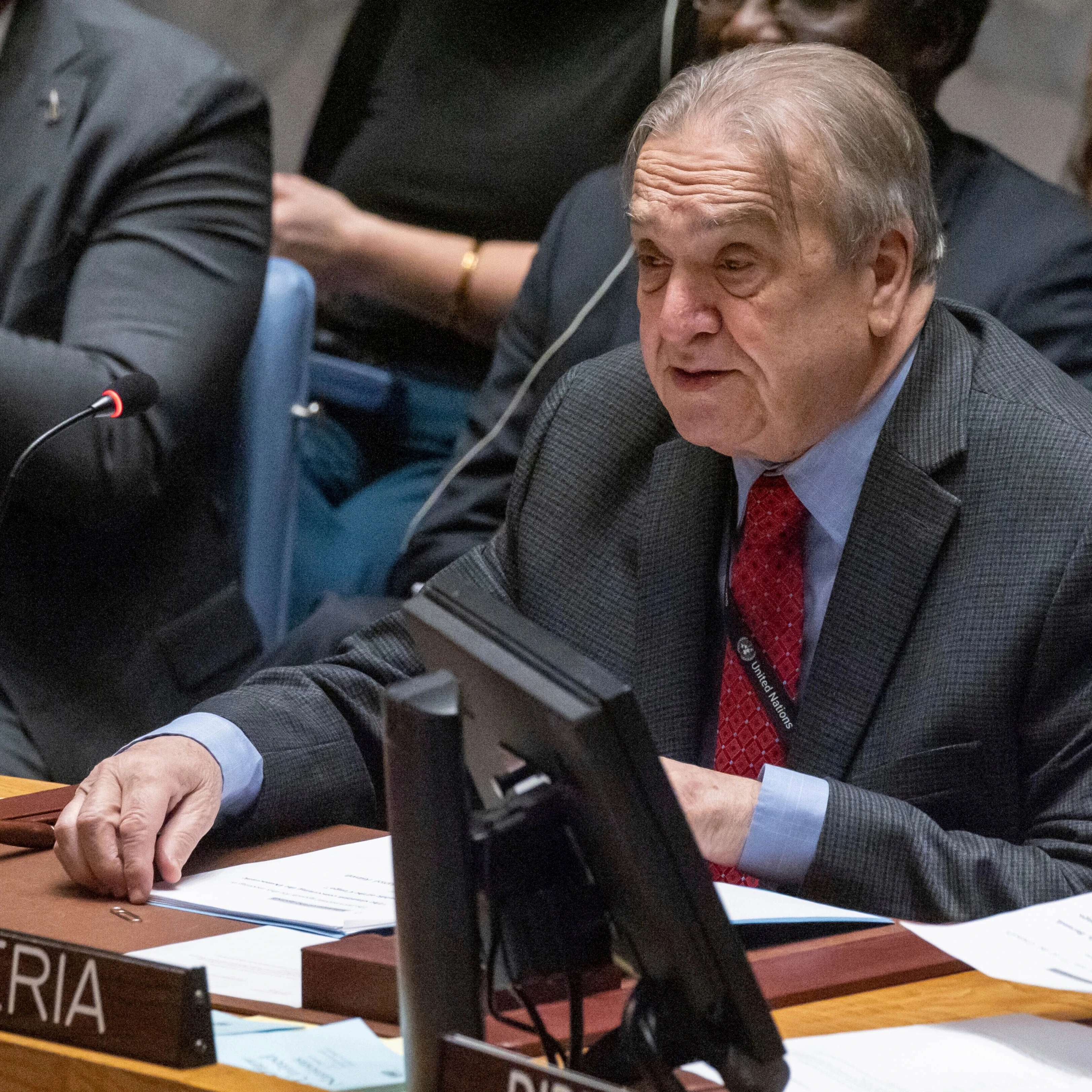 Algeria's Permanent Representative to the United Nations Amar Bendjama speaks during a Security Council meeting at the United Nations headquarters, Sunday, Jan. 26, 2025 (AP)