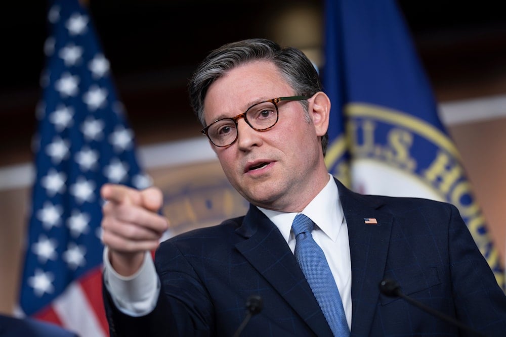 Speaker of the House Mike Johnson, R-La., talks to reporters about the Jeffrey Epstein investigation and the government shutdown on day 21 of the impasse, at the Capitol in Washington, on October 21, 2025. (AP Photo/J. Scott Applewhite)
