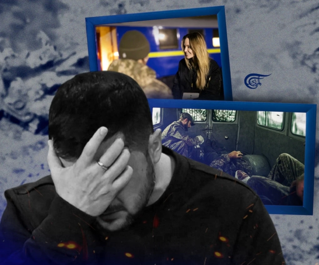 Ukrainian political analyst Mikhail Chaplyha has written that Jolie was ‘called’ to Kherson in order to divert attention from Pokrovsk. (Al Mayadeen English; Illustrated by Zeinab el-Hajj)