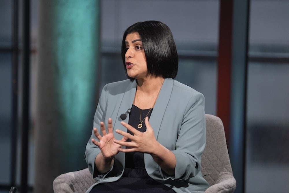 Britain's Home Secretary Shabana Mahmood speaks during an appearance on the BBC One current affairs programme, Sunday with Laura Kuenssberg at Media City, in Salford, England, Sunday, October 5, 2025. (Danny Lawson/Pool Photo via AP)