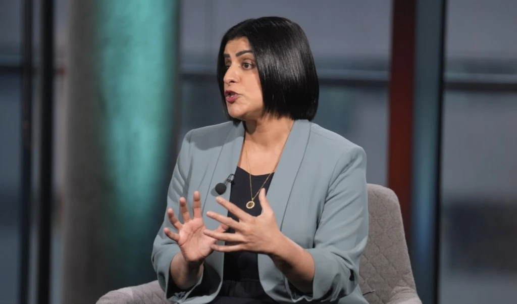 Britain's Home Secretary Shabana Mahmood speaks during an appearance on the BBC One current affairs programme, Sunday with Laura Kuenssberg at Media City, in Salford, England, Sunday, October 5, 2025. (Danny Lawson/Pool Photo via AP)