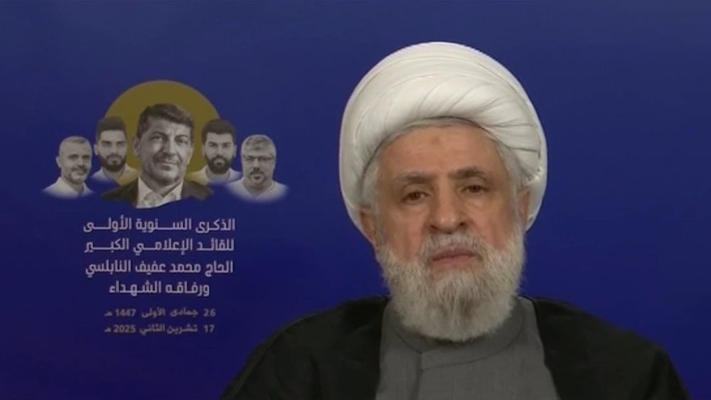Hezbollah Secretary-General Sheikh Naim Qassem delivering a public address on November 17, 2025 (Screegrab)