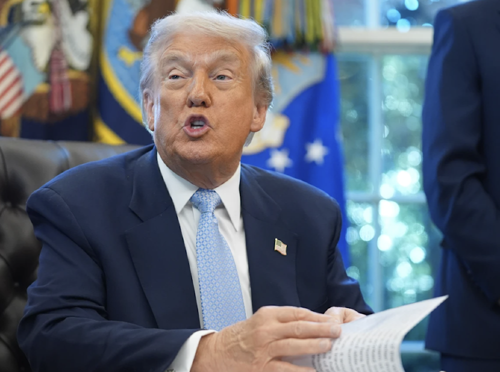 US President Donald Trump speaks during a meeting with the White House task force on the 2026 FIFA World Cup in the Oval Office of the White House on November 17, 2025. (AP)