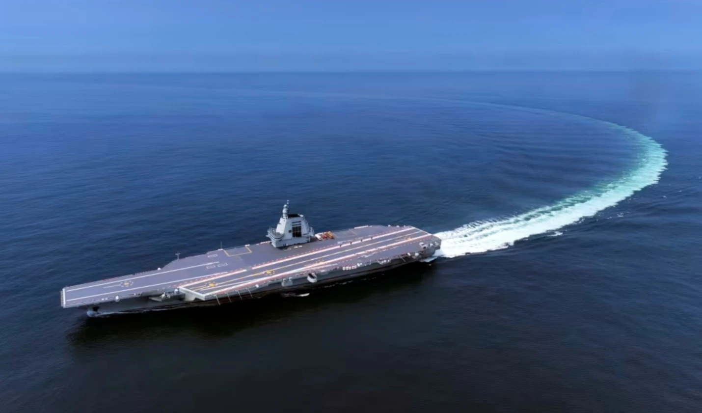 China's third conventionally powered aircraft carrier, the Fujian, conducts a maiden sea trial on May 7, 2024. (AP)