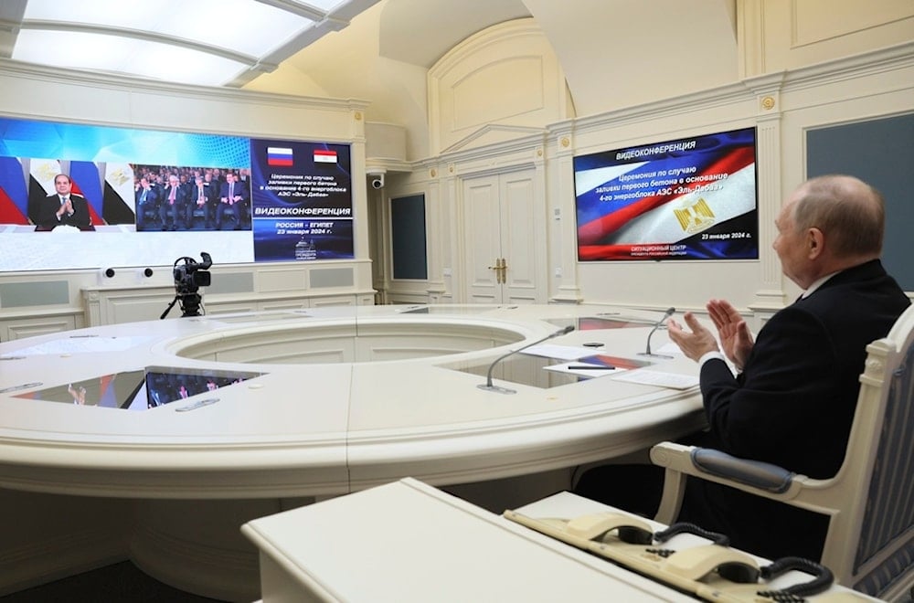 Russia's President Vladimir Putin is on videoconference with the President of Egypt, Abdel Fattah el-Sisi, in Moscow, Russia, at the Kremlin, Tuesday, January 23, 2024 (AP)