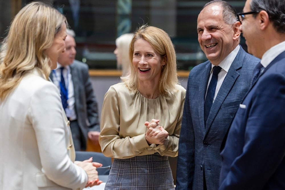 European Union foreign policy chief Kaja Kallas, second left, talks with Ireland's Foreign Minister, Greece's Foreign Minister, and Cyprus' Foreign Ministerat the European Council building in Brussels, Thursday, November 20, 2025 (AP)