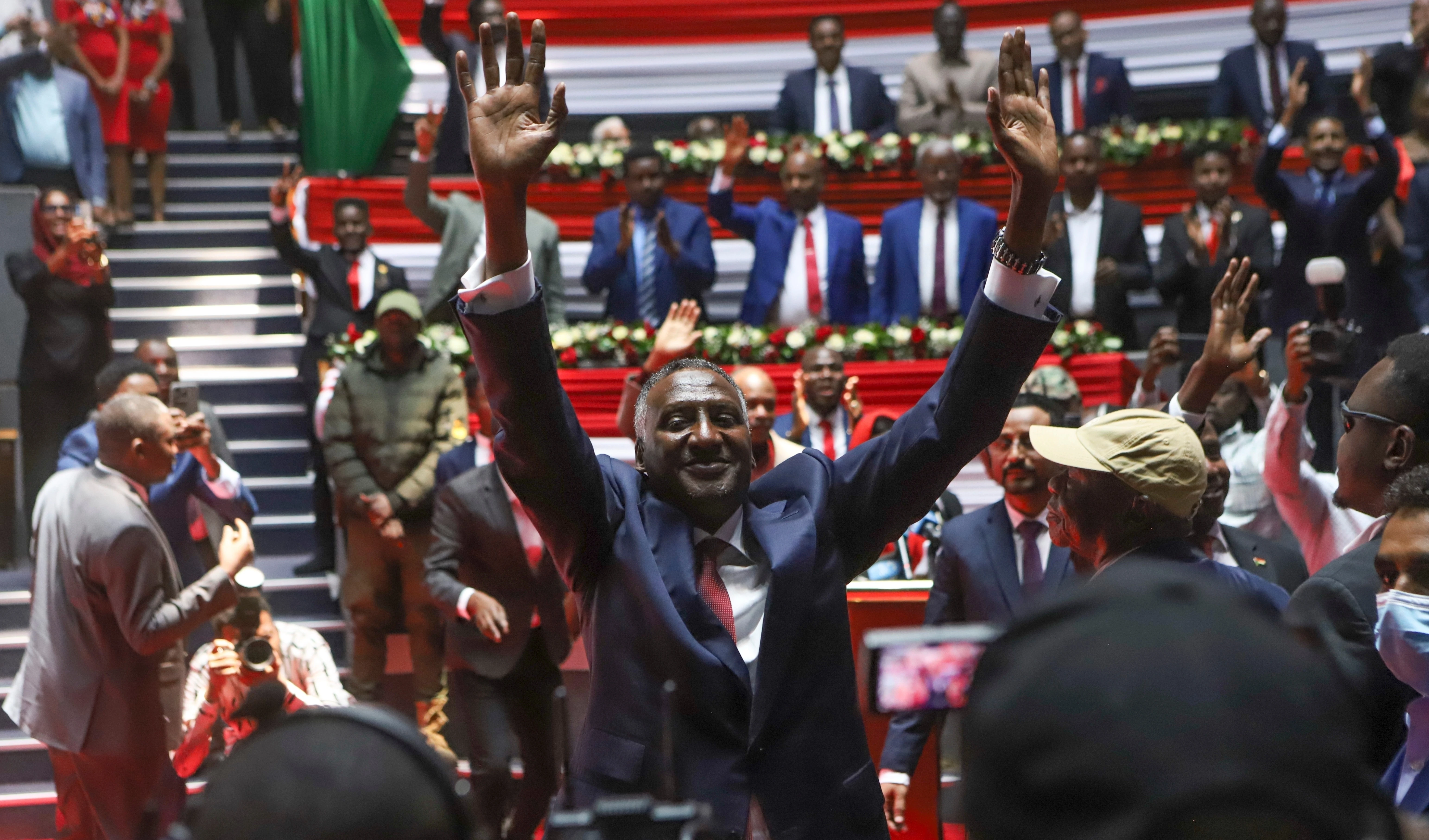 Rapid Support Forces (RSF) deputy commander Abdul Rahim Dagalo, reacts as he arrives for a planned signing ceremony of the Sudan Founding Charter, February, 18, 2025 (AP)