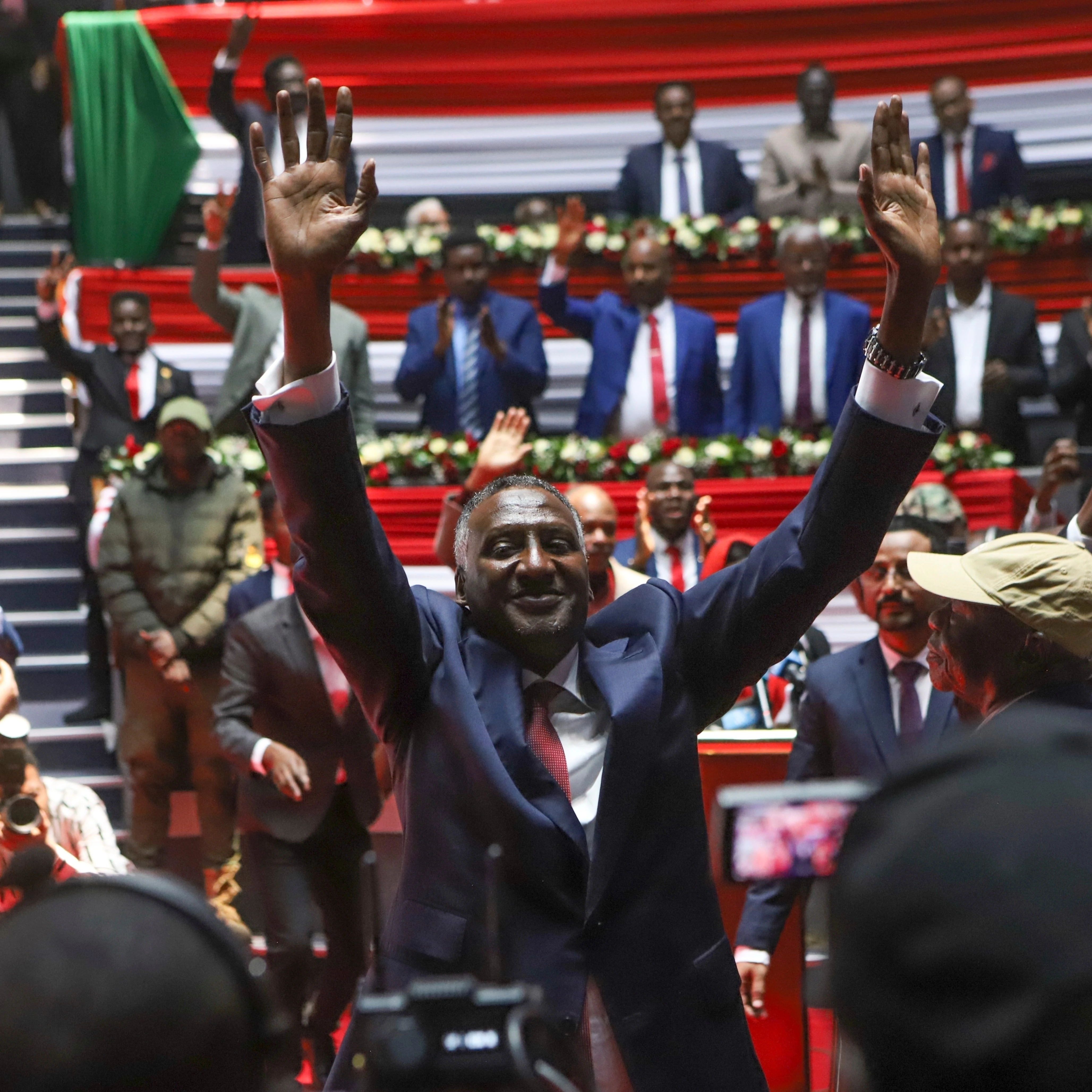 Rapid Support Forces (RSF) deputy commander Abdul Rahim Dagalo, reacts as he arrives for a planned signing ceremony of the Sudan Founding Charter, February, 18, 2025 (AP)